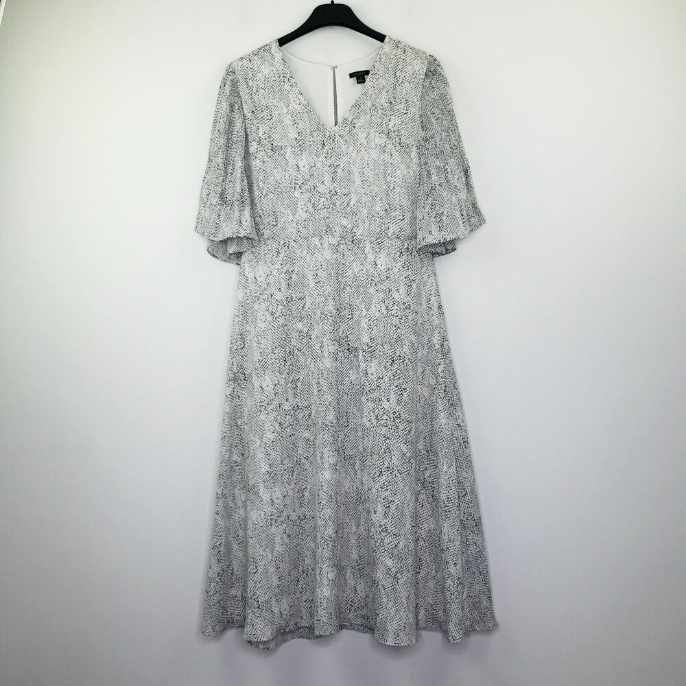 Ann Taylor Women's 4 Dress White Gray Snakeskin Pleated Half Sleeve A-Line BW23